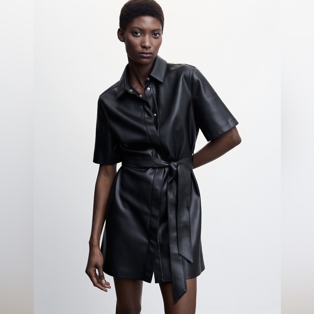 Mango Black Faux Leather Shirt Dress with Tie Waist
